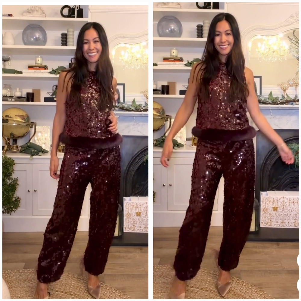 Zara Set Sequin Barrel Pants & Top With Faux Fur Hem NWT
